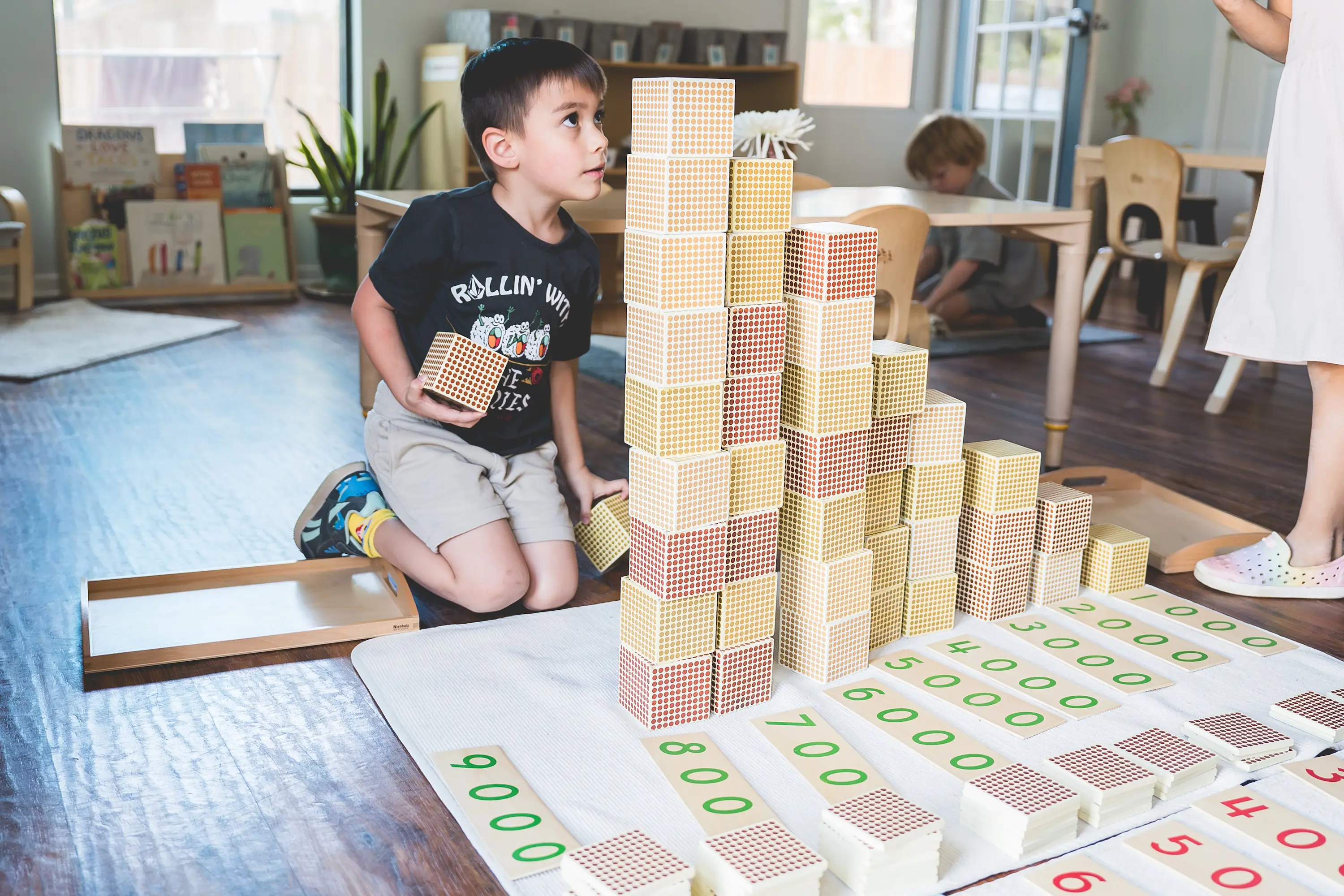 A primary student works on his math skills with Montessori physical materials.