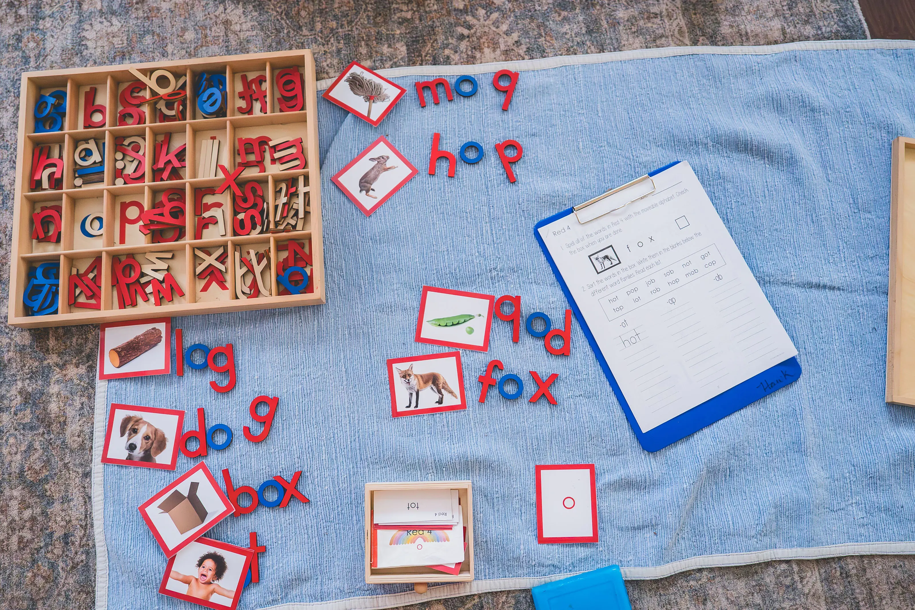 Elementary Montessori moveable alphabet word building work on a mat.