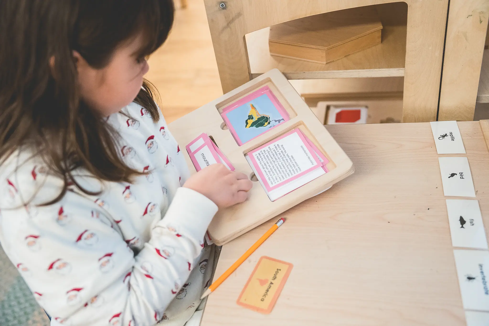 Elementary student works independently with Montessori geography materials, matching landform cards, and reading about mountains at a classroom table.