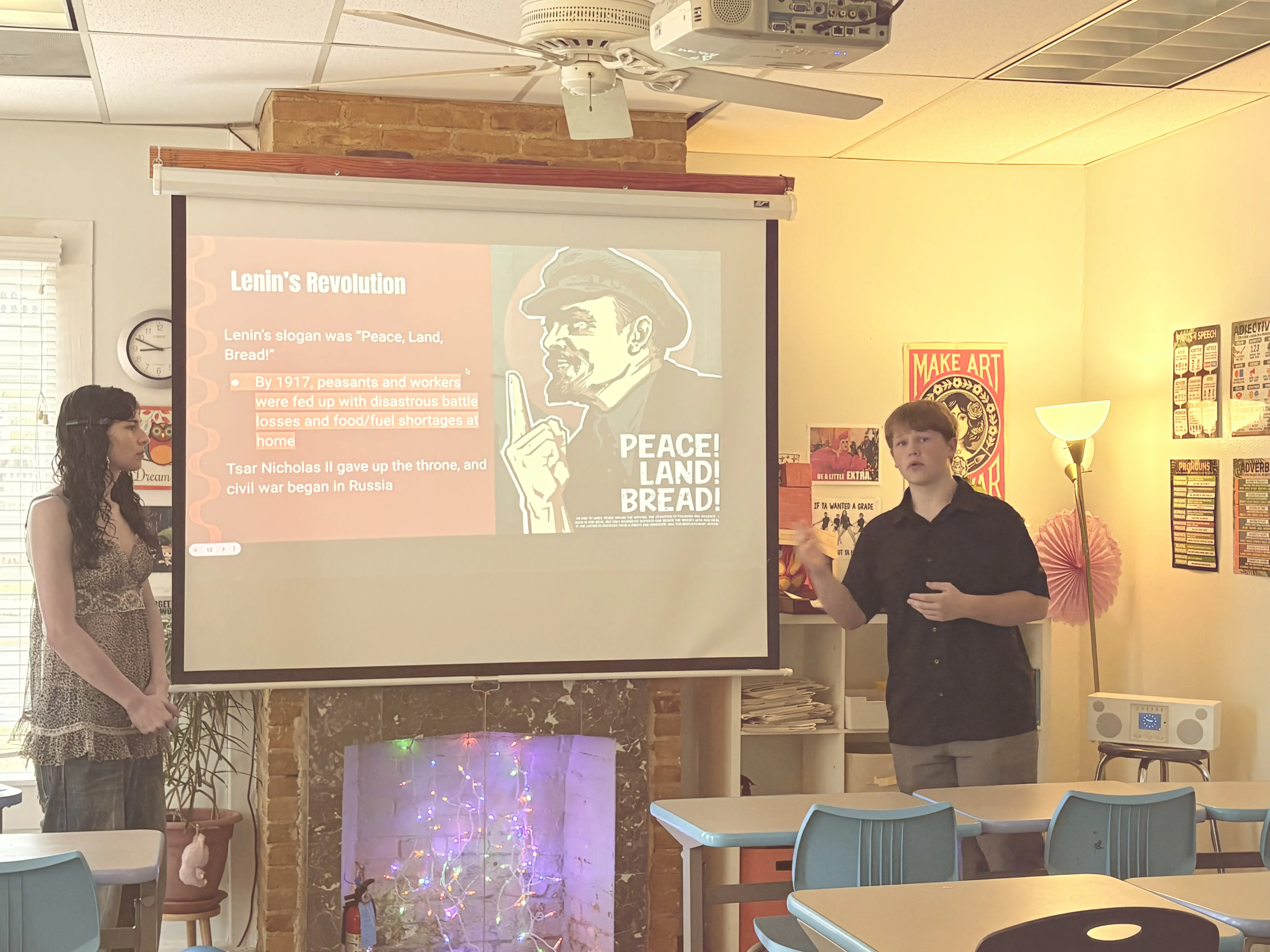 Headwaters High School students present a history project to their class during a student-led presentation